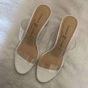 White, clear strap heels